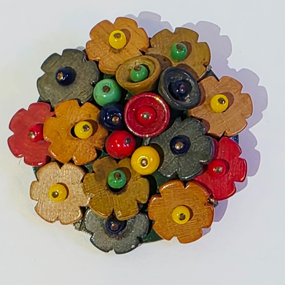 Vintage Wooden Flower Floral Beads Beaded Brooch Pin Bright Boho
